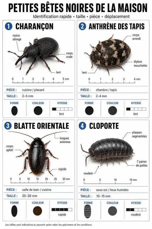 Petit bete noire maison : planche comparative des insectes courants selon la taille, la forme et la pièce d’apparition