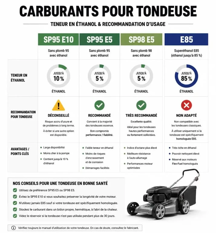 Tableau comparatif des carburants SP95 ou 98 pour tondeuse thermique