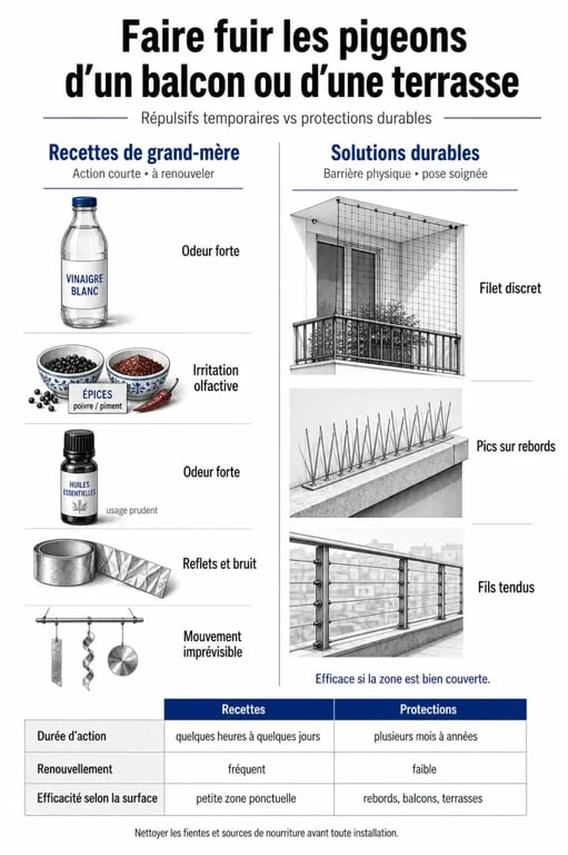 Infographie sur la recette de grand mere pour faire fuir les pigeons avec méthodes naturelles et solutions durables