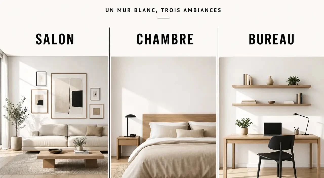 Décorer mur blanc : trois idées visuelles pour un salon, une chambre et un bureau