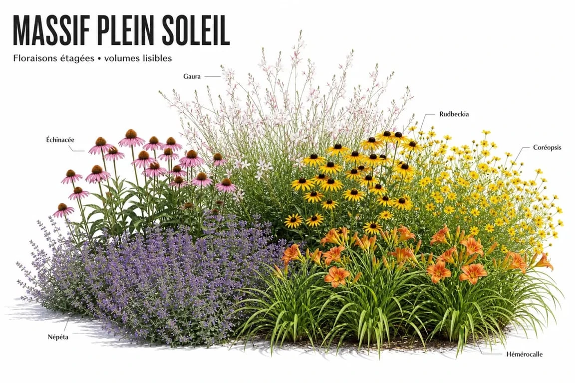 Fleur vivace longue floraison dans un massif ensoleillé avec gaura, népéta, échinacée, rudbeckia, coréopsis et hémérocalle