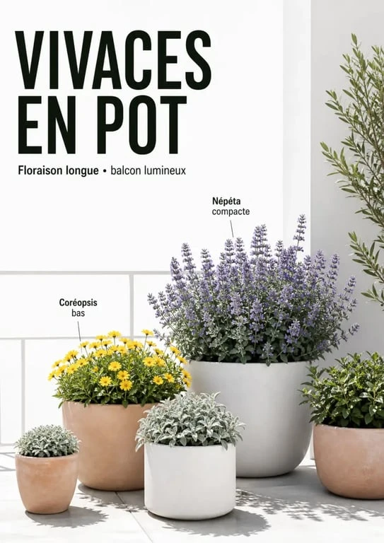 Fleur vivace longue floraison en pot sur balcon avec vivaces compactes et floraison prolongée