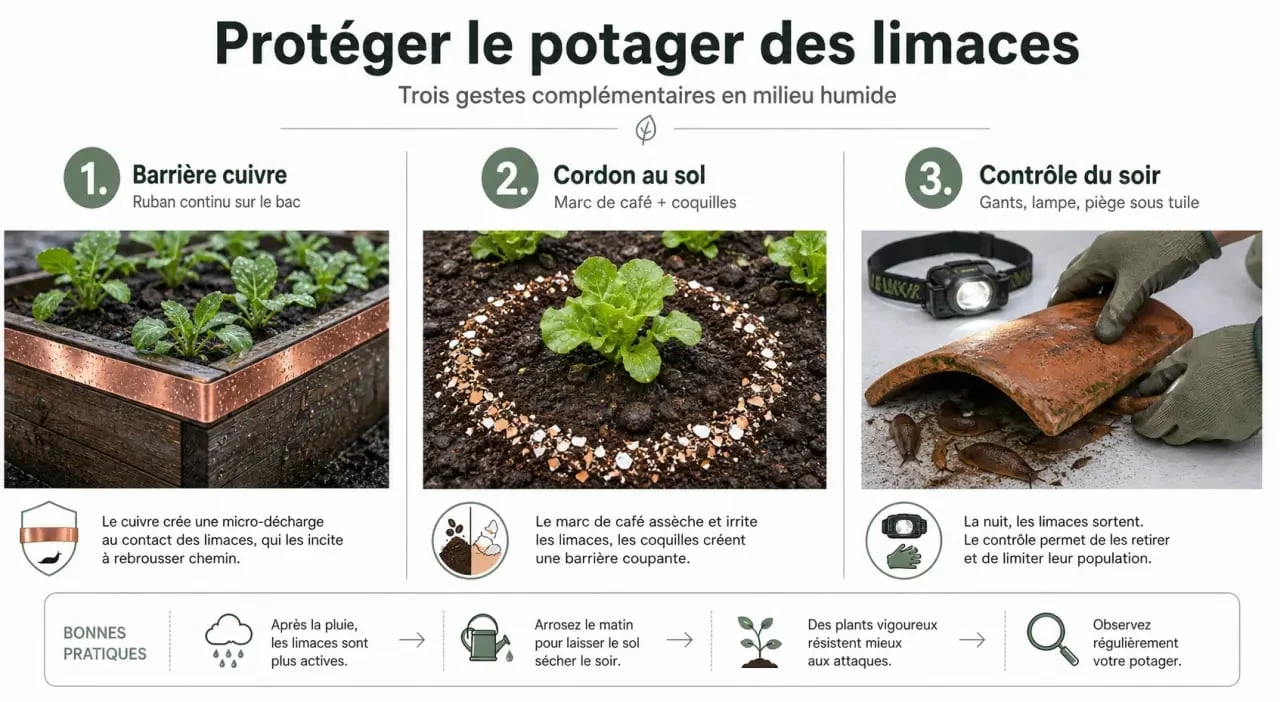 Répulsif naturel limace : comparaison visuelle des solutions au jardin entre cuivre, matières sèches et ramassage nocturne