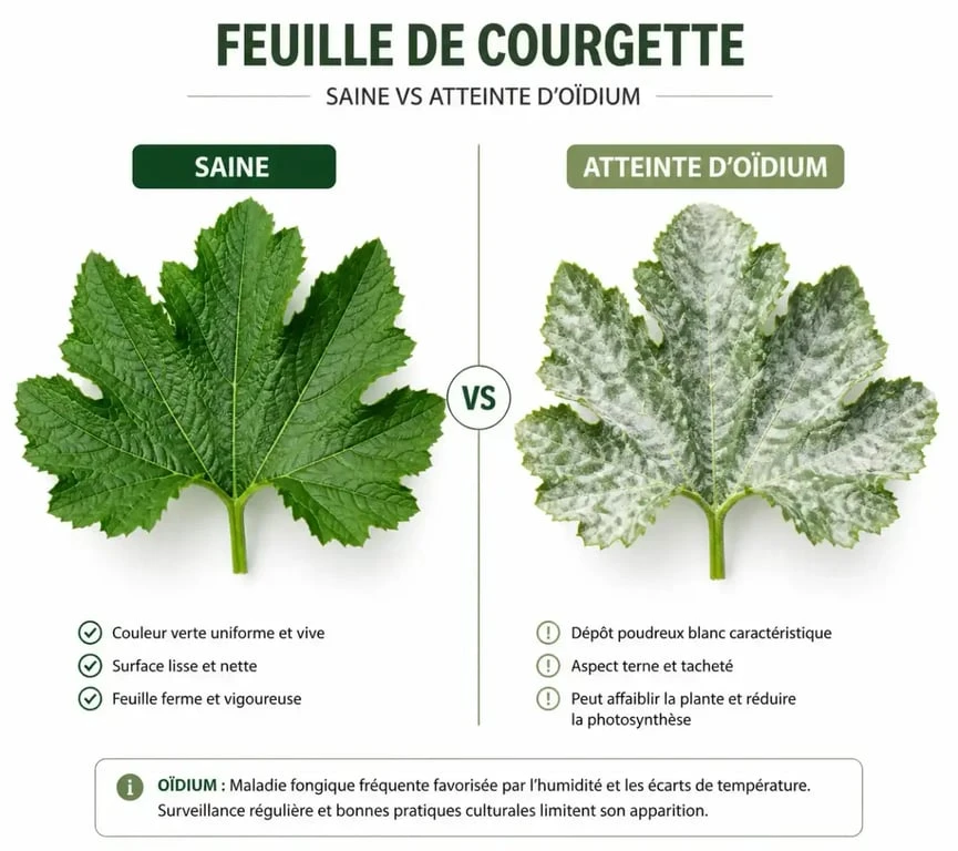 Comparaison visuelle entre une feuille de courgette saine et une feuille atteinte d'oïdium