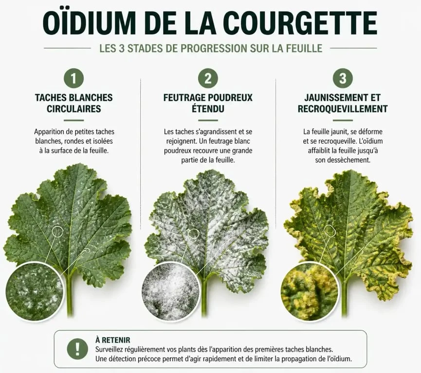 Schéma illustrant les symptômes et le traitement de l'oïdium sur courgette