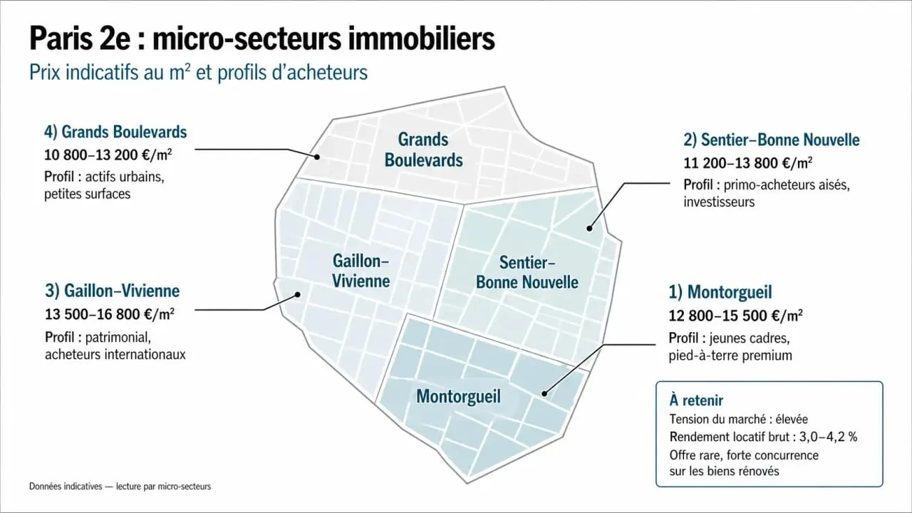 Chasseur immobilier paris 2 : carte éditoriale des micro-secteurs et des prix au m² dans le 75002