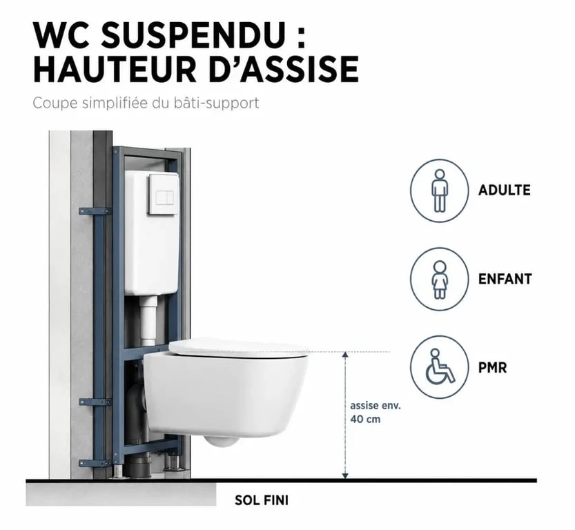 Hauteur toilette suspendu : schéma éditorial montrant la mesure depuis le sol fini et les repères 40 cm, 42 cm et PMR