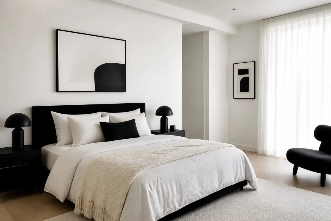 Inspiration noir et blanc chambre dans une chambre élégante avec contraste maîtrisé et matières douces