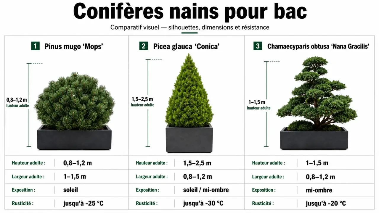 Conifère nain pour bac : comparaison des variétés Pinus mugo 'Mops', Juniperus squamata 'Blue Star' et Picea glauca 'Conica'