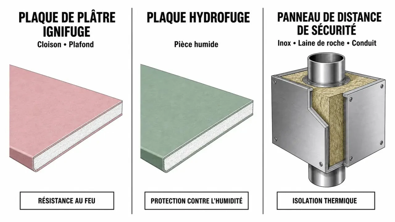 Plaque anti feu brico dépôt comparée en visuel éditorial : plaque ignifuge, hydrofuge et distance de sécurité