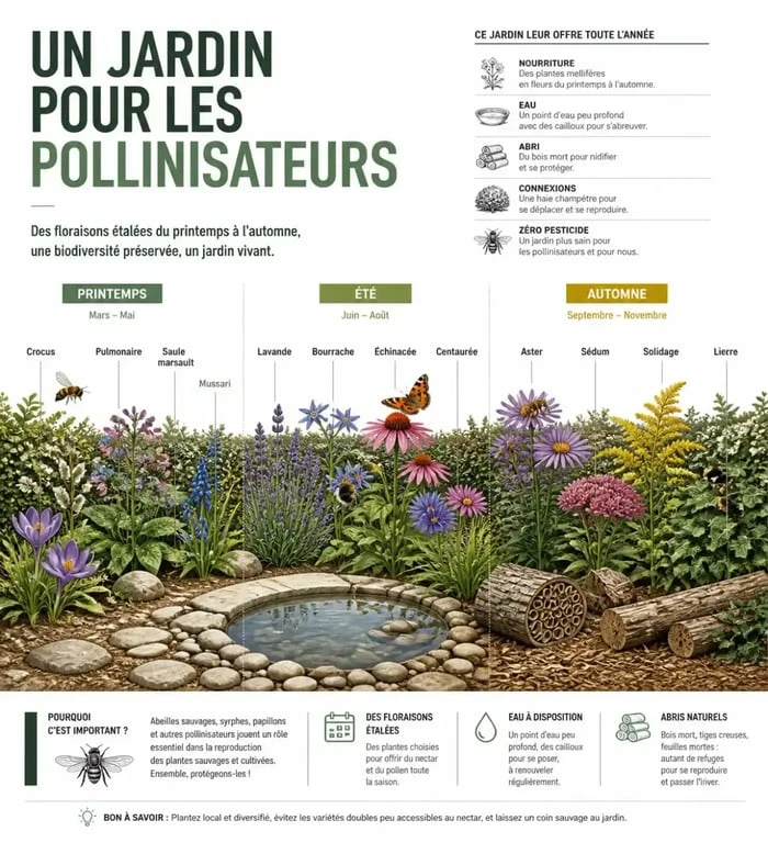 Attirer les pollinisateurs au jardin avec un jardin illustré en zones de floraison, point d’eau et habitats naturels