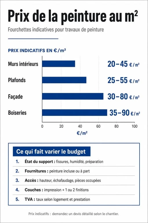 Prix de la peinture au m2 : infographie des fourchettes de prix et des facteurs de variation