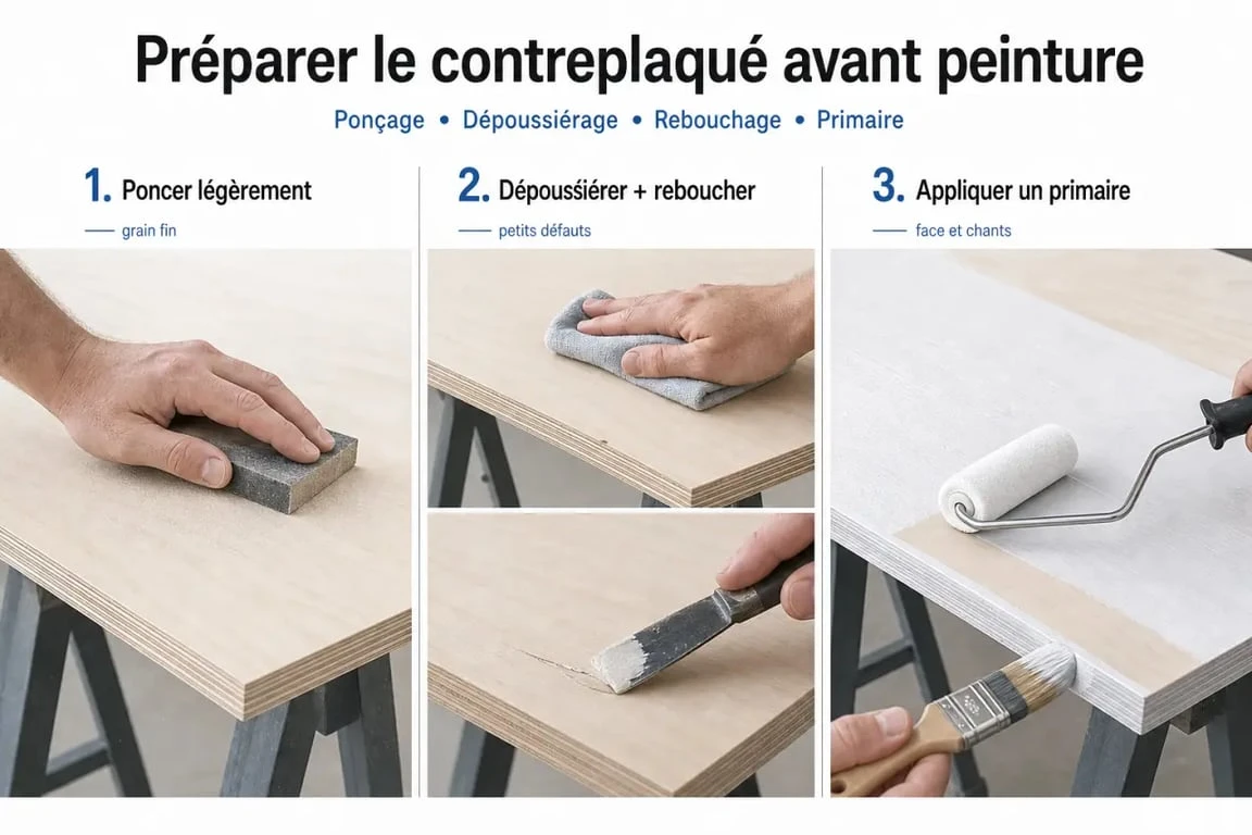 Peindre du contreplaqué : préparation du support, ponçage et primaire avant peinture