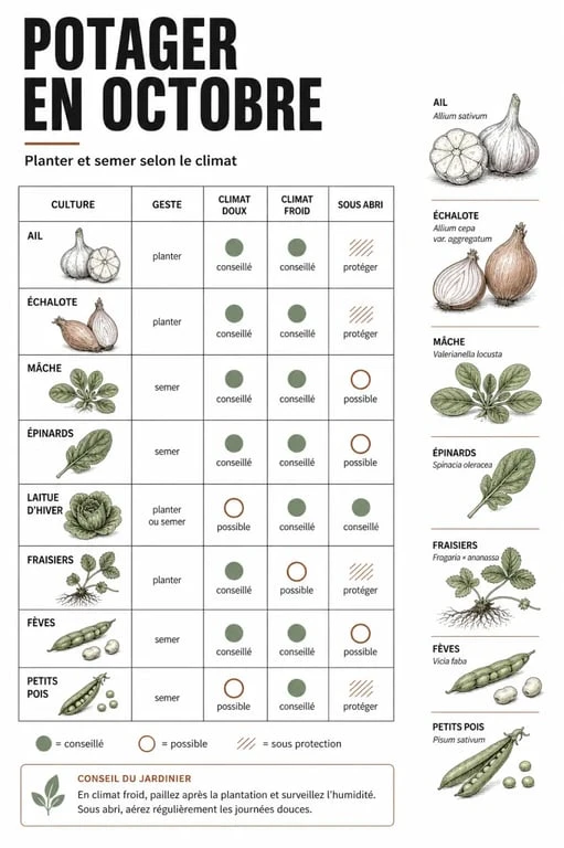 Que planter en octobre au potager : calendrier visuel des semis et plantations selon le climat