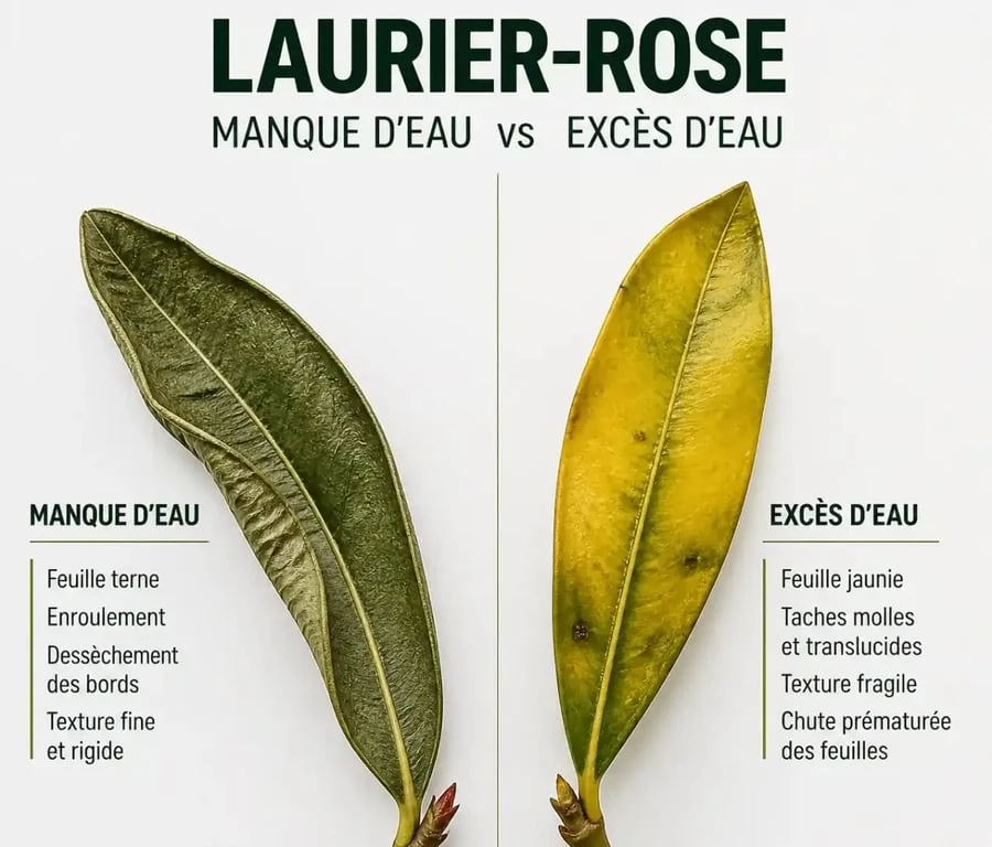 Diagnostic visuel des feuilles de laurier-rose en pot : manque ou excès d'arrosage