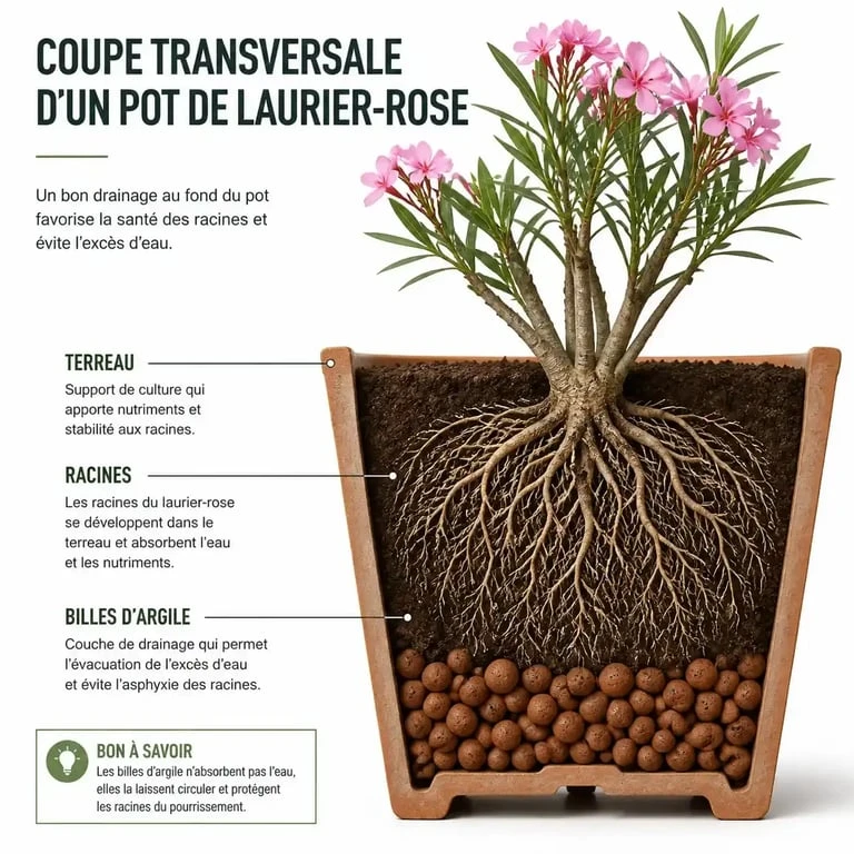 Schéma de drainage pour un laurier-rose en pot avec billes d'argile
