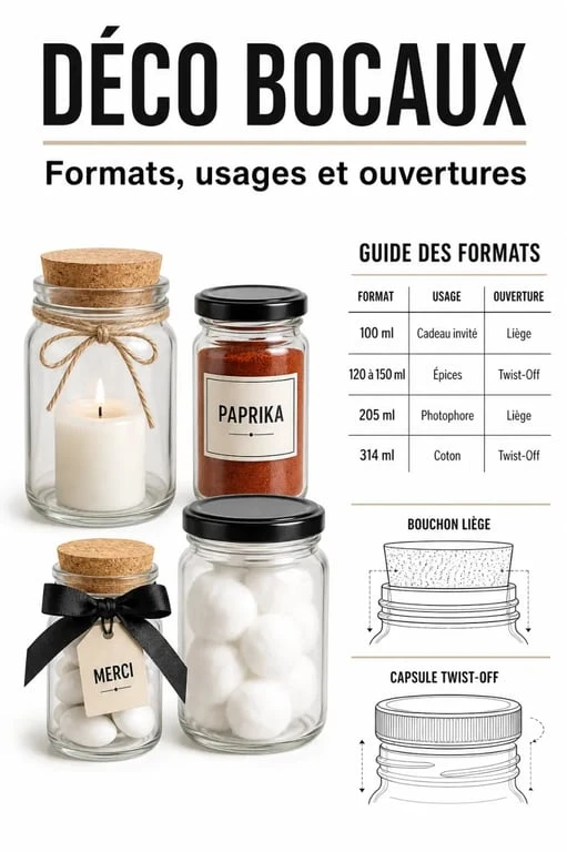 Déco bocaux : illustration des formats, ouvertures et usages décoratifs en bocaux en verre
