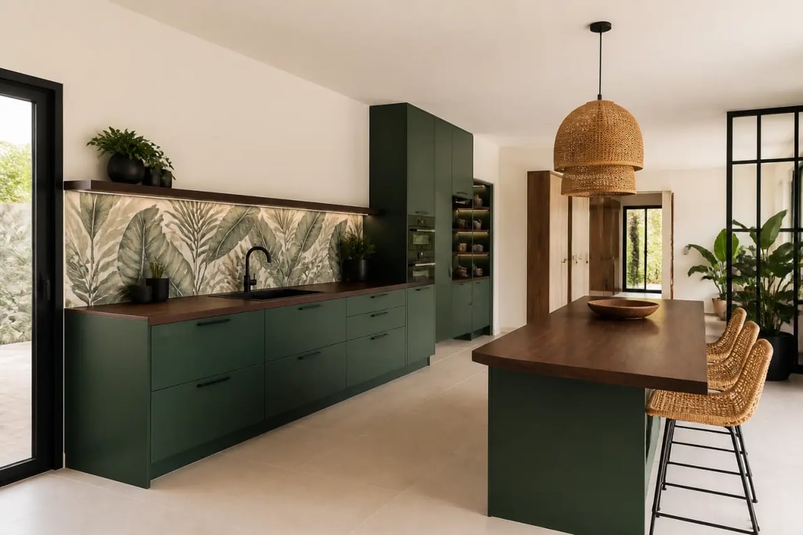 Cuisine tropicale, végétale ou voyage : cuisine tropical chic équilibrée avec vert profond, rotin et crédence à feuillage