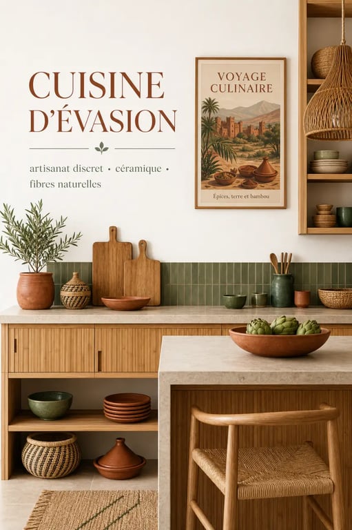 Cuisine tropicale, végétale ou voyage : cuisine voyage exotique avec matières naturelles et touches terracotta
