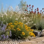 Fleur vivace longue floraison au jardin avec népéta, gaura et coréopsis