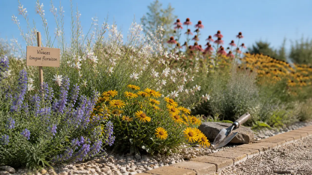 Fleur vivace longue floraison au jardin avec népéta, gaura et coréopsis