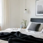 Noir et blanc chambre, plaid et linge blanc cassé, tableau noir et blanc