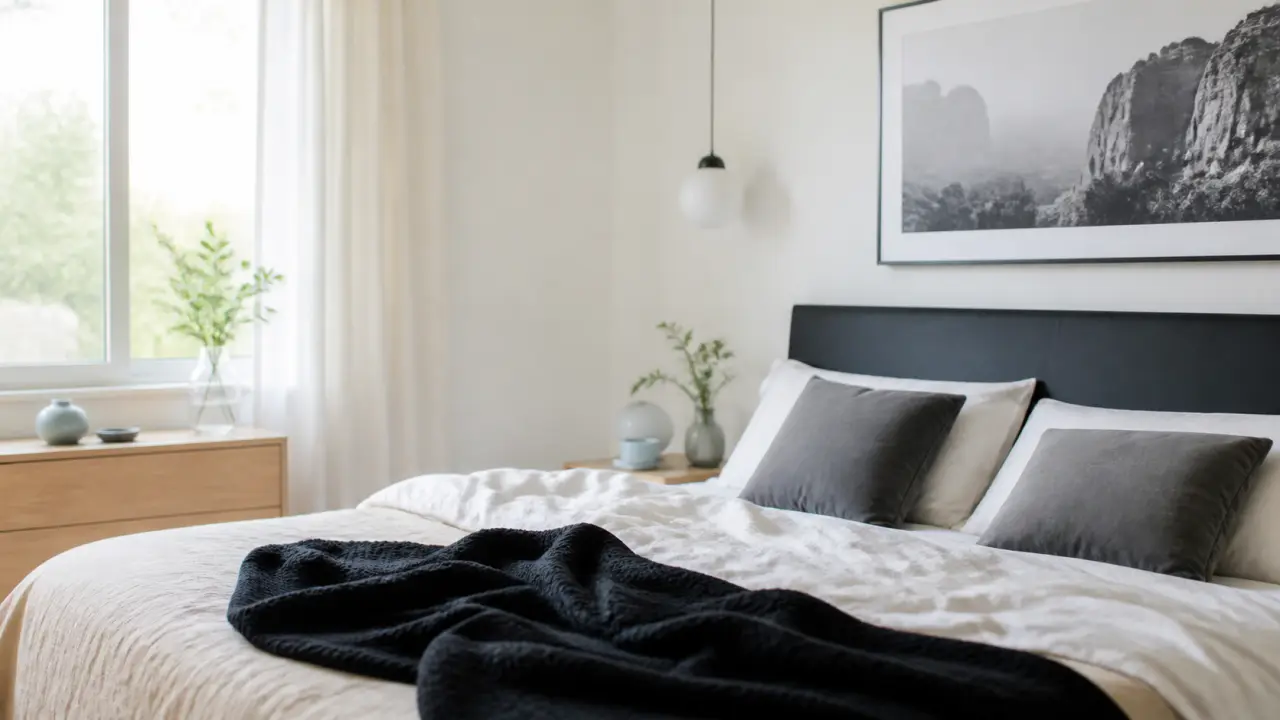 Noir et blanc chambre, plaid et linge blanc cassé, tableau noir et blanc