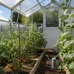Potager serre : tomates et concombres sous serre de jardin