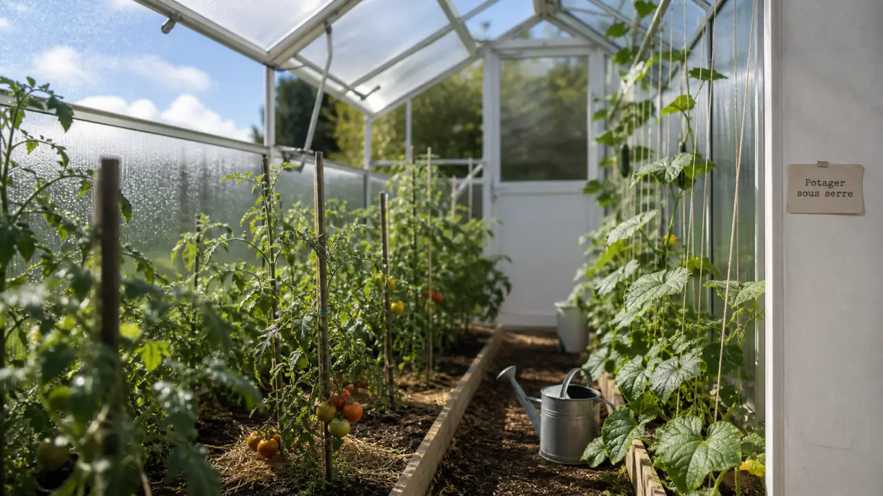 Potager serre : tomates et concombres sous serre de jardin