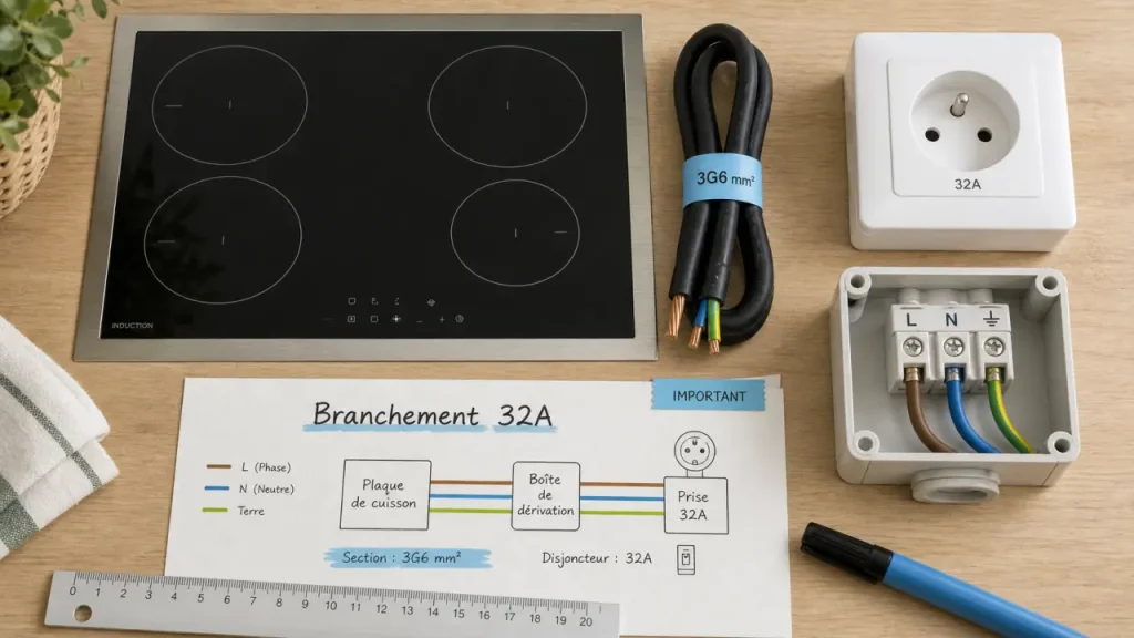 Prise plaque de cuisson : quand choisir le 32A, la sortie de câble ou la prise standard ?