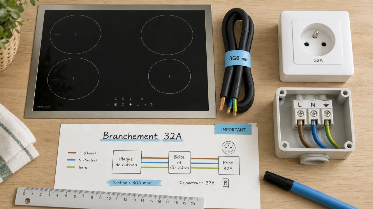 Prise plaque de cuisson 32A : câble et bornier de raccordement