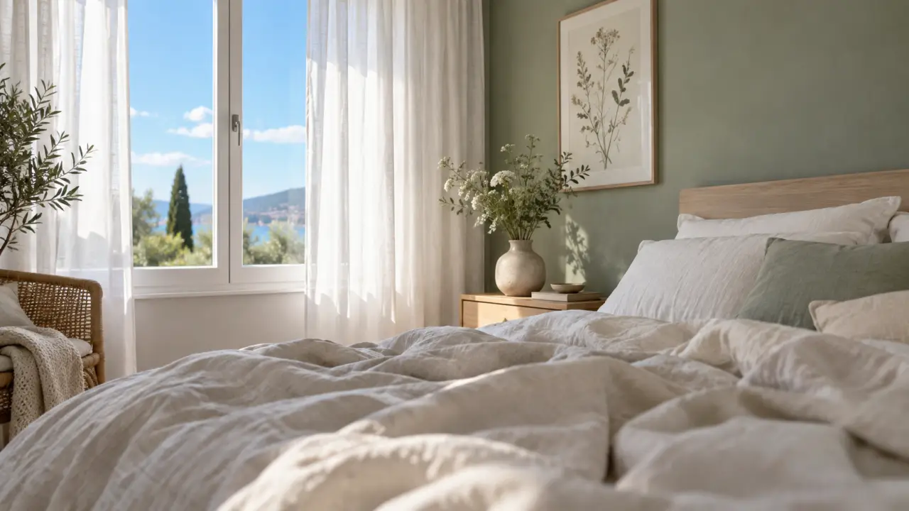 chambre verte sauge avec mur d’accent sauge grisé et lumière naturelle
