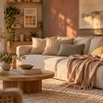 Couleurs chaudes pour salon : intérieur lumineux terracotta et beige