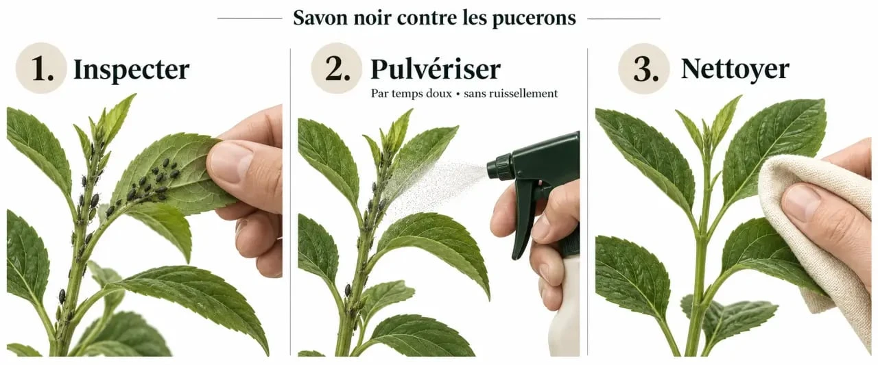 Application du savon noir contre les pucerons sur le revers des feuilles