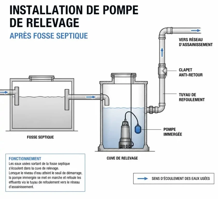 Schéma technique d'installation d'une pompe pour fosse septique