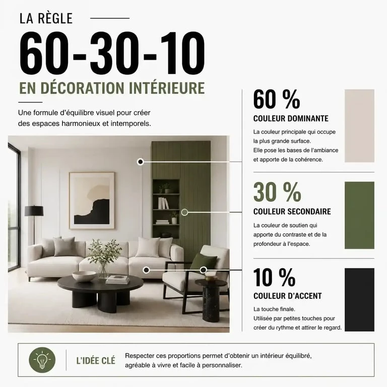 Infographie de la règle des 60-30-10 pour harmoniser le vert dans la décoration