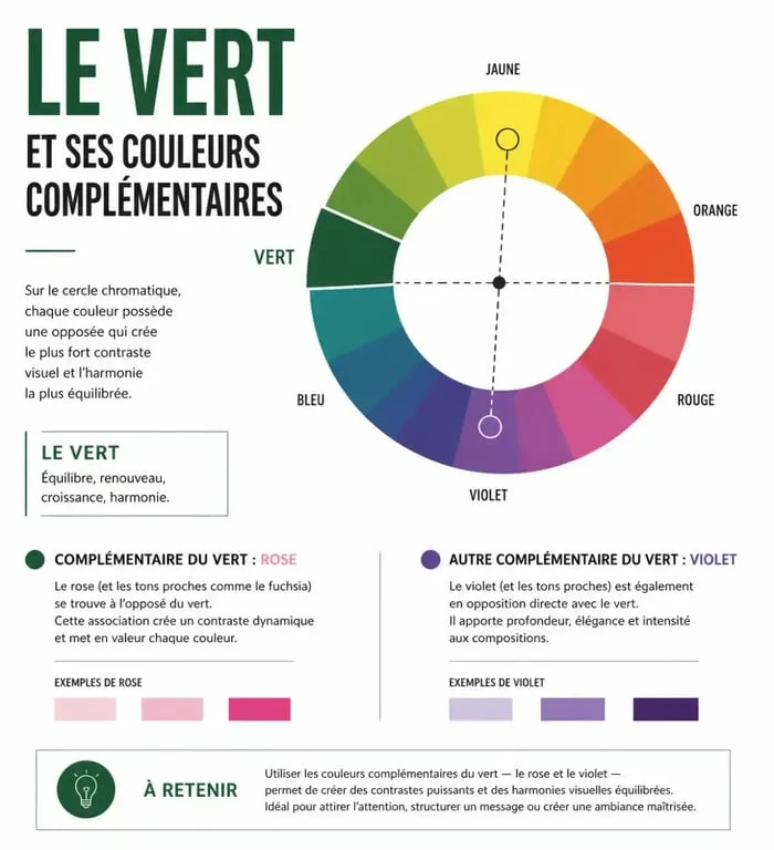 Roue chromatique illustrant les meilleures associations de couleurs avec le vert