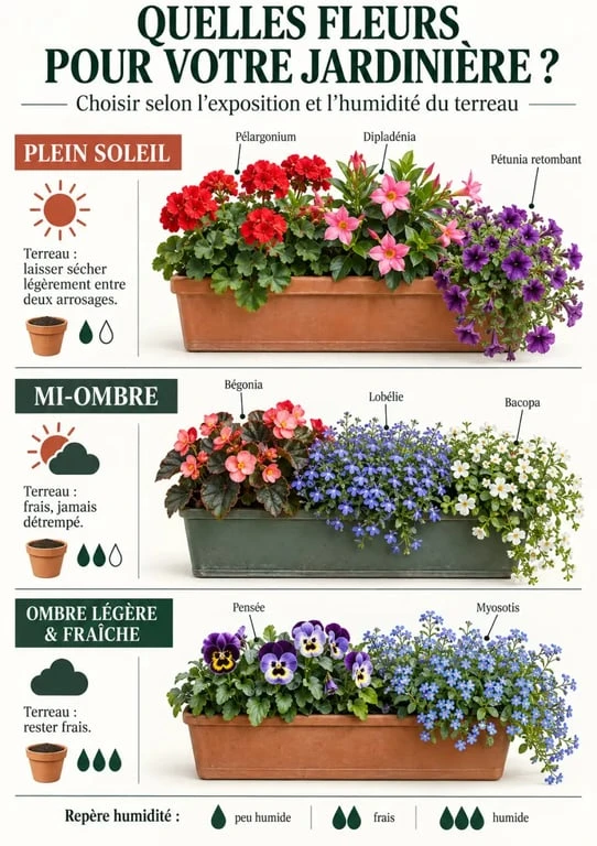Fleures pour jardiniere selon l’exposition : compositions pour plein soleil, mi-ombre et ombre légère