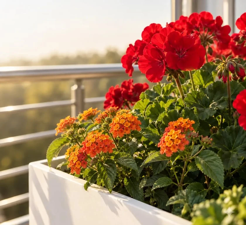 Pelargonium et lantana fleuris pour terrasse ensoleillée en jardinière