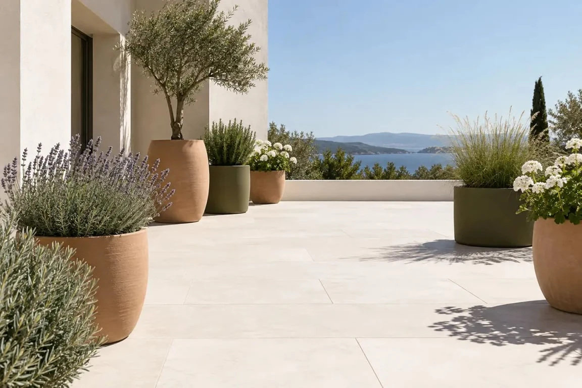 Plante terrasse ensoleillée : composition de lavande, romarin et graminées en pots sur dalle claire