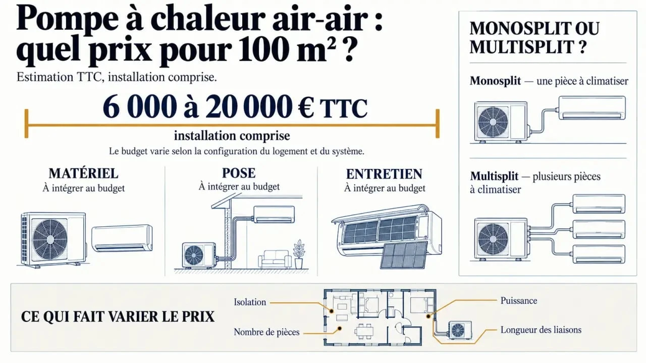 Infographie sur le prix pompe à chaleur air-air pour 100m2 avec coûts du matériel, de la pose et de l’entretien