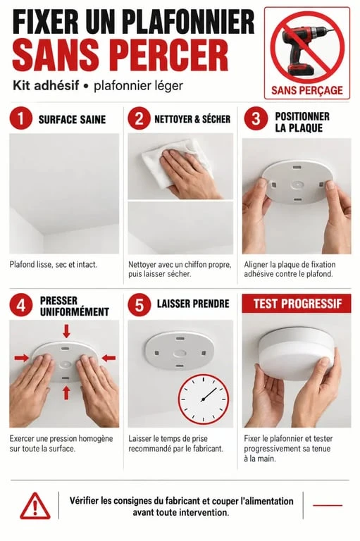 Kit fixation plafonnier sans percer : étapes de pose d’une plaque adhésive au plafond