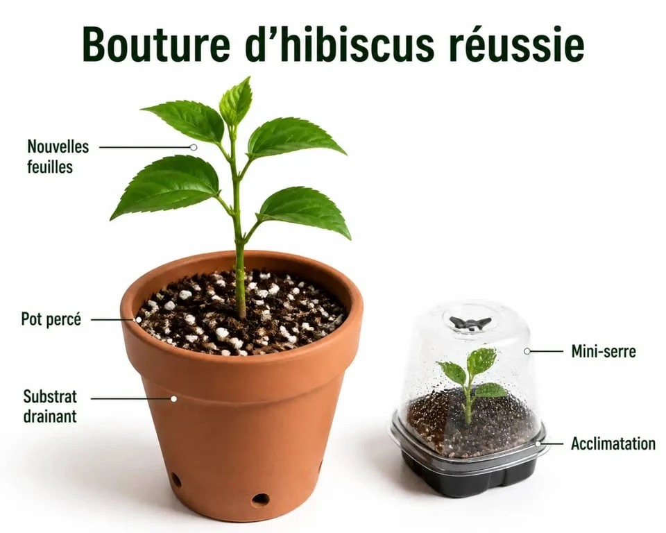 Bouture hibiscus extérieur enracinée prête à être acclimatée au jardin