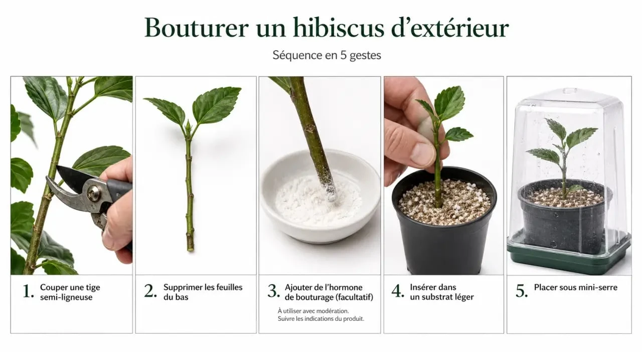 Bouture hibiscus extérieur en étapes dans une mini-serre avec tige semi-ligneuse, godet et substrat drainant