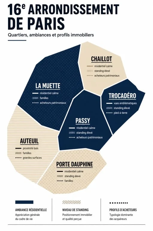 Chasseur immobilier Paris 16 : carte éditoriale des quartiers Passy, La Muette, Auteuil, Chaillot, Trocadéro et Porte Dauphine