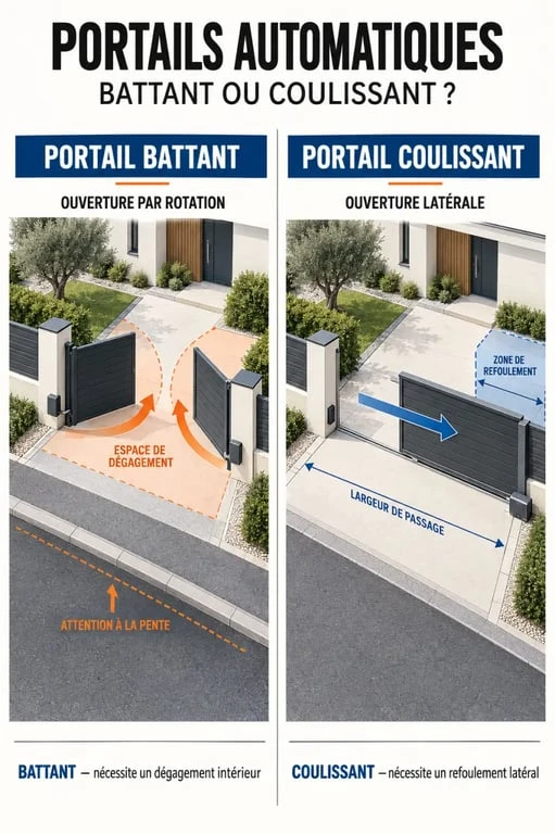 Infographie comparative des portails automatiques battants et coulissants