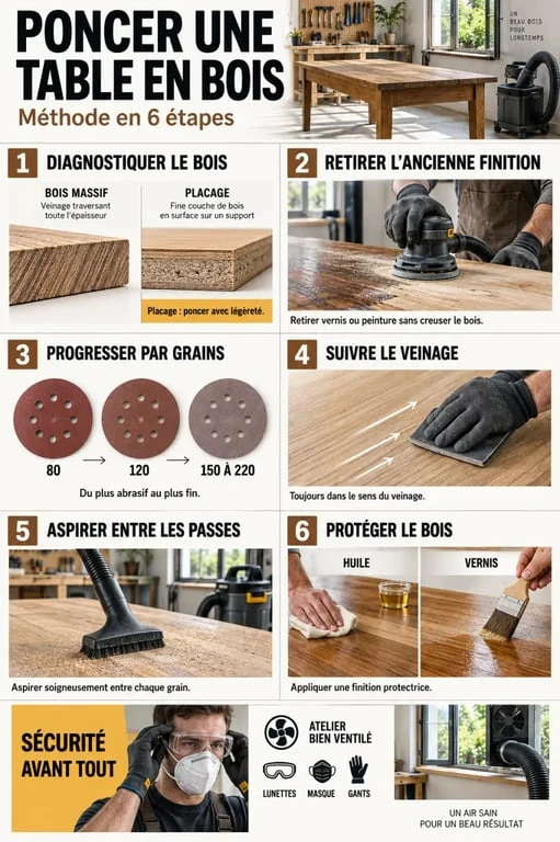 Étapes pour poncer une table en bois avec les bons grains et outils
