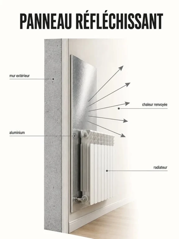 aluminium pour radiateur : panneau réflecteur placé derrière un radiateur contre un mur extérieur