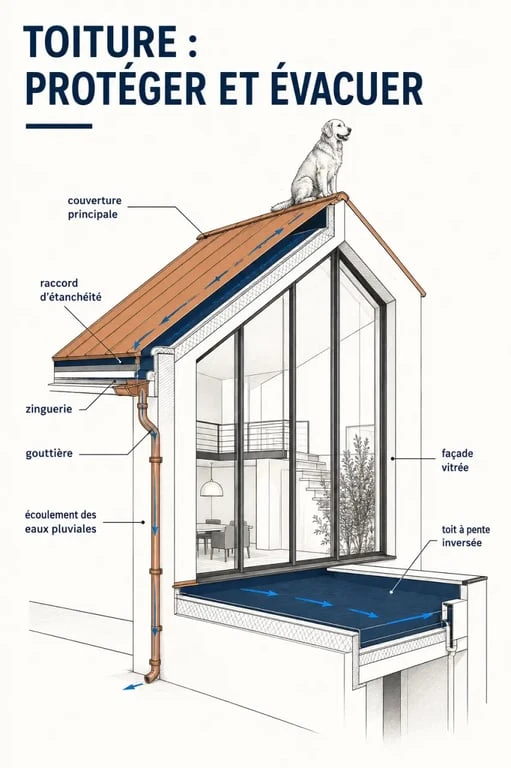 Maison chien assis avec façade verticale, pente inversée et raccords d’étanchéité