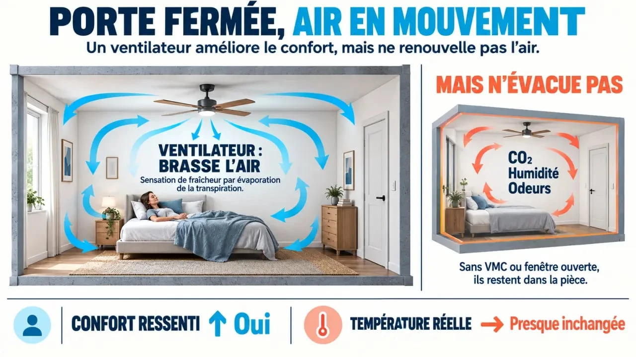 Schéma de l'utilisation d'un ventilateur de plafond porte fermée : brassage de l'air, confort ressenti et absence de renouvellement